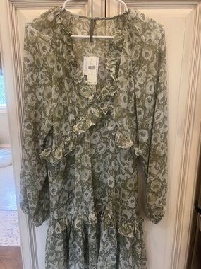 Anthropologie Olive Green and Cream Floral Long Sleeve Dress